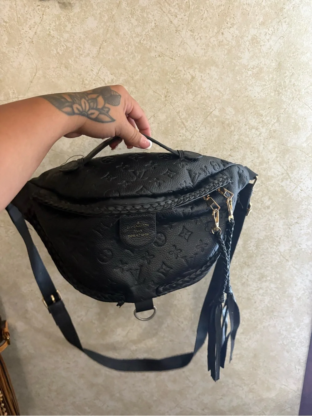 Black Embossed Leather Crossbody Belt Bag - Designer Style